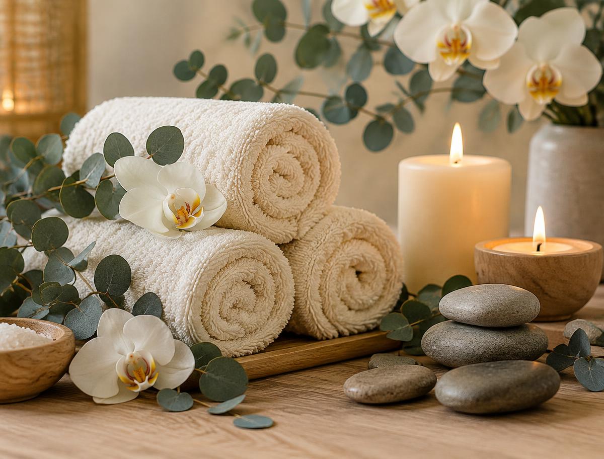 Rolled towels, candles and smooth stones at Eastern Therapy & Massage